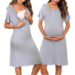 Irdcomps Chemise de Nuit Maternité Femme Coton Robe Allaitement Maternité avec Bouton Vetement Grossesse Enceinte Devant Ouvert Vêtements de Nuit Allaitement Pyjama à Manches Courtes Gris Clair2 S