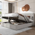 Lit coffre capitonné - lit adulte avec sommier à lattes et tête de lit en cotin structure en bois - gris clair 180x200cm