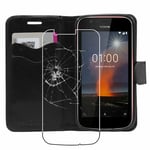 Coque Nokia Nokia 1 Etui Portefeuille Housse Porte-Cartes + VERRE Trempé, Noir