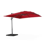 Parasol déporté carré rouge 3x3m structure grise + Lot de 4 dalles à lester 50x50cm