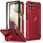 ORETech for Samsung Galaxy A12 Case with [2 x Tempered Glass Screen Protector] Kickstand Full Body Anti Silp Heavy Duty Shockproof Hard PC Soft TPU Bumper Protection Cover for Samsung A12 (6.5") - Red