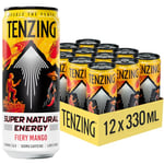 TENZING Super Natural Energy Drink, Fiery Mango, 160MG Caffeine, Vitamin D, Magnesium, Mushrooms, Plant Based, Vegan, & Gluten Free, 330ml (Pack of 12)