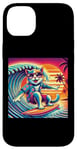 Coque pour iPhone 14 Plus Chat amusant surfeur hawaïen coucher de soleil tropical paradis surfeur