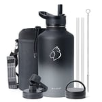 Insulated Water Bottle with Straw 2L, BUZIO Stainless Steel Insulated Water Flask Jug, Half Gallon Canteen Metal Thermo Mug Hydro Jug, Double Vacuum Hot Cold Water Bottles Carrying Pouch