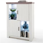 Vaisselier / Buffet haut en pin blanc et chêne Neslon avec led - L.110 x H.146 x P.45 cm Pegane