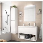 Caesaroo - Meuble de salle de bain suspendu 80 cm Blanc brillant avec un tiroir et un espace 80 cm - Avec colonne, miroir et lampe led