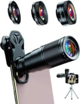 APEXEL 6 in 1 Phone Lens Kit - 22X Telephoto Lens 205° Fisheye Lens 120° Wide Angle Lens & 25X Macro Lens