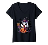 Womens Scary Halloween Panda Witch Hat Costume Spooky Season V-Neck T-Shirt