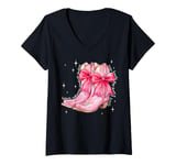 Womens Howdy Valentine Cowboys Pink Cowgirl Boots Coquette Bow V-Neck T-Shirt