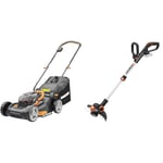 WORX - Pack Tondeuse à Gazon 2 * 20V WG743E - Jusqu'à 500 m² - Ø40 cm + Coupe-Bordures 20V WG163E.9 - Ø30cm (kit livré avec 2 Batteries et Chargeur Double)