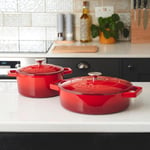 Cast Iron Pot Pan Casserole Dish Set Cooking Hob Oven 2 Piece 20cm / 28 cm Red