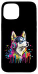 Coque pour iPhone 15 Husky Lovers Pop Art portant des écouteurs drôles Husky