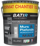 PEINTURE ACRYLIQUE QUALITE PRO MONOCOUCHE MURS PLAFONDS BLANC MAT 15L = 150 M²