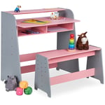 Bureau enfant avec banc, 2 compartiments, hauteur table réglable, HxLxP: 88 x 90 x 48 cm, rose-gris - Relaxdays