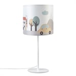 Paco Home - Lampe Table Chambre D'Enfant Applique Rue Pompiers Abat-jour Tissu Rond Lampe de table - Blanc, Design 2 (Ø18 cm)