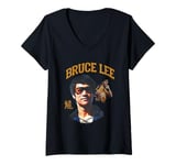 Womens Bruce Lee The Dragon Wearing Shades Face Closeup Retro V-Neck T-Shirt