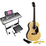 RockJam RJ761 61 Key Keyboard Piano with Keyboard Bench, Digital Piano Stool, Sustain Pedal and Headphones & Martin Smith Acoustic Guitar with Guitar Strings, Guitar Plectrums & Guitar Strap