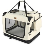 VOUNOT Sac Transport Pliable pour Chien et Chat Caisse de Transport Respirant avec Matelas en Peluche Amovible Porté par Main/Bandoulière Idéal pour Animaux Domestiques XL Beige