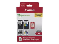 Canon PG-560XL/CL-561XL Photo Value Pack - Brillant - pack de 2 - à rendement élevé - noir, couleur (cyan, magenta, jaune) - original - boîte de suspension - jeu de papier / cartouche d'encre - pour PIXMA TS5350, TS5351, TS5352, TS5353, TS7450