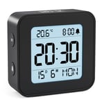 LATEC Alarm Clock Bedside Battery Powered LCD Digital Clock with Date & Day, Snooze, Temperature, 12/24H, Backlight, 3 Volumes, Silent Travel Small Clock for Heavy Sleepers Included Battery Black