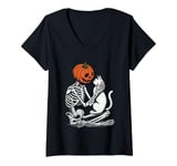 Womens Skeleton Pumpkin Head Pet Cat Halloween Bones Jack O Lantern V-Neck T-Shirt