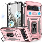 Jshru for Google Pixel 8 Pro Case with Screen Protector [2 Pack] and Slide Camera Cover,Pixel 8 Pro Case with Ring Kickstand,Armour Phone Cover for Google Pixel 8 Pro,Rose Gold