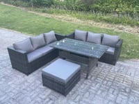 PE Wicker Outdoor Garden Furniture Set Patio Rattan Rectangular Dining Table Sofa Footstool 7 Seater