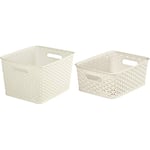 Curver My Style Rattan Effect Kitchen, Living room, Bathroom, Bedroom, Utility Large Rectangular Storage Baskets 18L - White & My Style Small Rectangular Storage Basket, Vintage White, 4 Litre