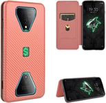 Compatible Avec Coque Xiaomi Black Shark 3, Mince Flip Fibre De Carbone [Test De Chute] Antichoc Stand Fente Avec Carte, Protecteur D'écran En Verre Trempé*2-Marron