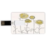 16G USB Flash Drives Credit Card Shape Yellow Flower Memory Stick Bank Card Style Hand Drawn Style Sunflowers on Twigs Petals Growth Botany Summertime Decorative,Pale Yellow Black Waterproof Pen Thumb