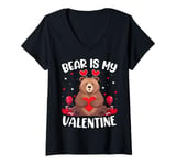 Womens Bear Is My Valentine Love Hearts Bear Valentines Day V-Neck T-Shirt