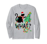 Black Cat Pushing Christmas Tree Lighting Funny Cat What Long Sleeve T-Shirt