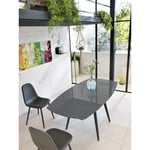 Table extensible en verre trempé avec plateau gris, pieds en métal, 120/180x90x76 cm