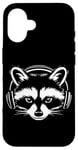 iPhone 16 Black and White Gamer Raccoon with Headphones Case