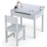 Goplus - Table Enfant avec Chaise 3+ Ans-Table à Dessin Enfant avec Rouleau du Papier-Bureau d'Écriture en Bois avec Rangement Gris