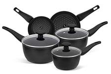 Prestige Thermo Smart Pots and Pans Sets Non Stick with Heat Indicators - Induction Hob Pan Set of 5, PFOA Free, Dishwasher Safe Cookware, Made In Italy, Black