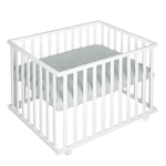 roba Parc Bébé en Bois 75 x 100 cm + Tapis de Parc roba Style Vert Givré - Base Ajustable en Hauteur sur 3 Niveaux - Roulettes avec Freins - Laqué Blanc