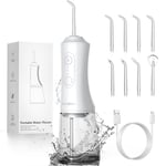 DIHOOM Jet Dentaire Hydropulseur Portable - 300ML Irrigateur Oral Detartreur Dentaire 9 Modes et 4 Buses, USB Rechargeable et IPX7 Etanche, Nettoyeur de Dents pour Maison et Les Voyages（Blanc）