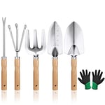 OFFCUP Outils de Jardinage, Ensemble d'outils de Jardin, 6pcs Garden Tool Set, Outils de Jardin Manche en Bois pour Jardin Plantes Intérieur Extérieur avec Pelle Fourchette Set et Paire de Gants