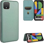 Compatible Avec Coque Google Pixel 4 Xl, Mince Flip Fibre De Carbone [Test De Chute] Antichoc Stand Fente Avec Carte, Protecteur D'écran En Verre Trempé*2-Vert