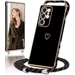 E-Lush Coque pour Samsung Galaxy S23 Ultra 5G/ 4G avec Cordon, Coque pour Samsung S23 Ultra Silicone avec Motif Coeur d'amour Mignon Étui Housse Antichoc avec Collier Réglable Lanyard Case, Noir