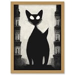 Doppelganger33 LTD Giant Black Cat Le Chat Noir City Monochrome Illustration Artwork Framed A3 Wall Art Print