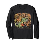 Funny T-rex Dinosaur Blowing Fall Leaves with Leaf Blower Long Sleeve T-Shirt