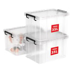 Cetomo 35L*3 Storage Boxes, Stackable Storage Box with Lids, Heavy-Duty Lidded Container with Reinforced Corners, Vertical Sides and Clip Closure, Durable, Plastic, Clear, 35L-3Pack