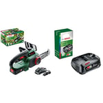 Bosch Tronçonneuse sans Fil - Universal Chain 18 (Livrée avec 1 Batterie 18v - 2,5ah, Huile 80 Ml, Système 18v, Longueur de Guide: 20cm) Vert & Batterie Bosch - PBA 18V 2,5Ah