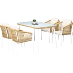 Salon de jardin 4 places 5 pièces table à manger chaises empilables coussins alu résine blanc beige - Blanc