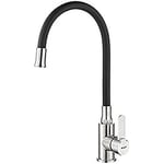 Ibergrif Black Kitchen Sink Mixer Tap with Pull Out Dual Function Sprayer, 360° Swivel Single Lever Swivel Spout Kitchen Mixer Tap with Black Silicone Hose, Brushed