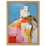 Artery8 House on the Hill Oil Painting Abstract Geometric Patchwork Palette Knife Pastel Colour Rural Landscape Artwork Framed A3 Wall Art Print