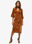 Superdry Short Sleeve Velvet Wrap Midi Dress, Tobacco Brown