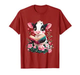 Flowers Cow Reading Book Valentines Day Graphic Funny T-Shirt